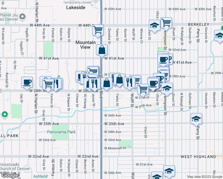 map of restaurants, bars, coffee shops, grocery stores, and more near 5119 West 38th Avenue in Denver