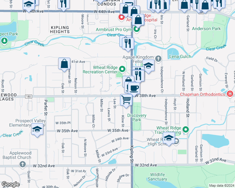 map of restaurants, bars, coffee shops, grocery stores, and more near in Wheat Ridge
