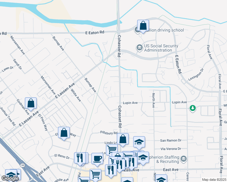 map of restaurants, bars, coffee shops, grocery stores, and more near 20 Coral Circle in Chico