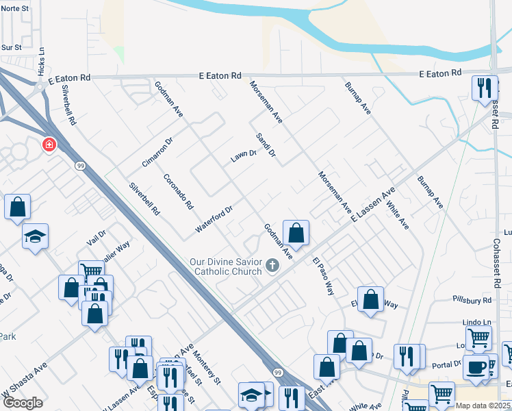 map of restaurants, bars, coffee shops, grocery stores, and more near 8a San Gabriel Drive in Chico