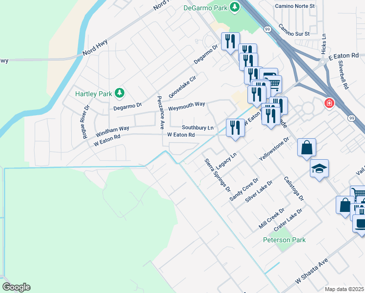 map of restaurants, bars, coffee shops, grocery stores, and more near 100 Penzance Avenue in Chico