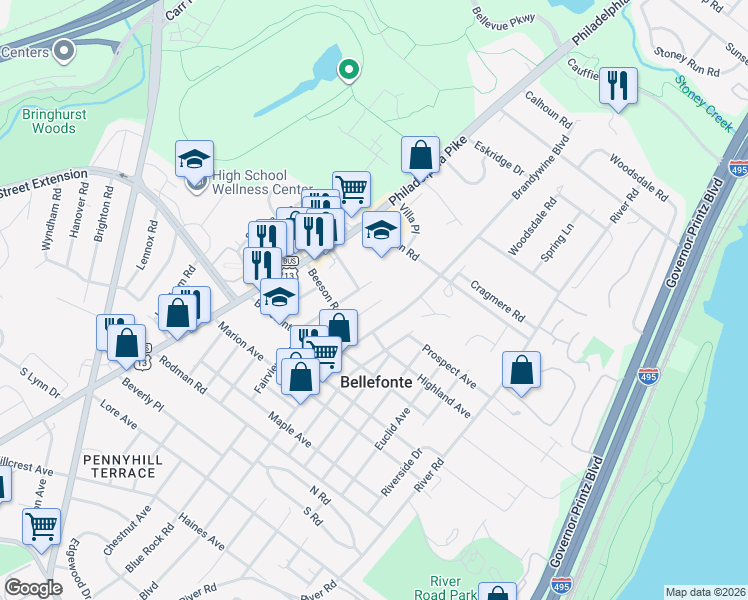 map of restaurants, bars, coffee shops, grocery stores, and more near 1214 Talley Road in Wilmington