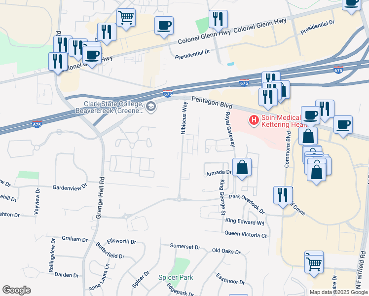 map of restaurants, bars, coffee shops, grocery stores, and more near 2684 Hibiscus Way in Dayton