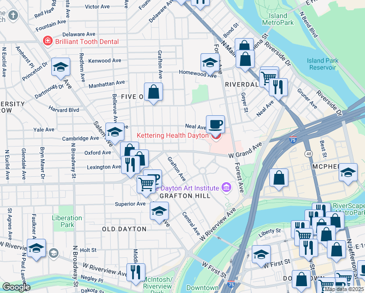 map of restaurants, bars, coffee shops, grocery stores, and more near 465 West Grand Avenue in Dayton