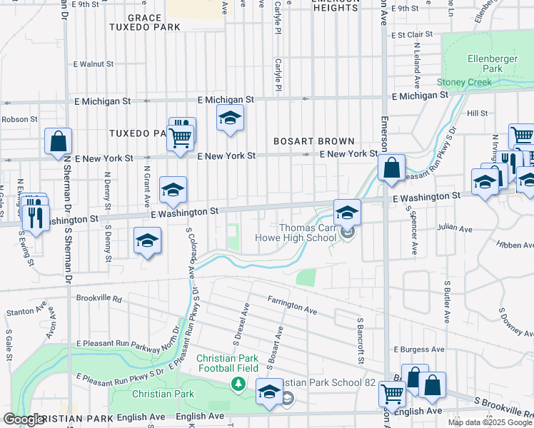 map of restaurants, bars, coffee shops, grocery stores, and more near 4741 East Washington Street in Indianapolis
