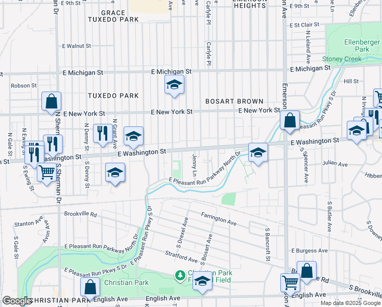 map of restaurants, bars, coffee shops, grocery stores, and more near 4609 East Washington Street in Indianapolis
