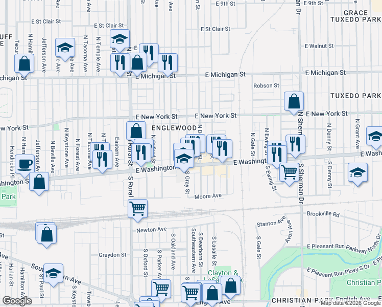 map of restaurants, bars, coffee shops, grocery stores, and more near 22 North Gray Street in Indianapolis