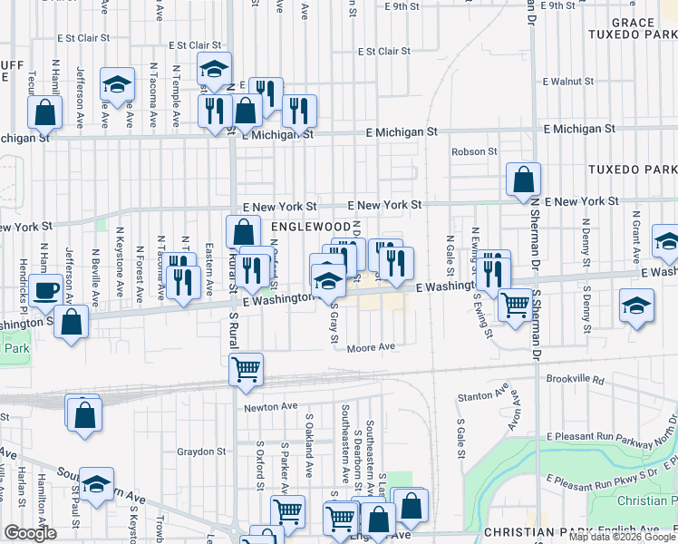 map of restaurants, bars, coffee shops, grocery stores, and more near 22 North Gray Street in Indianapolis
