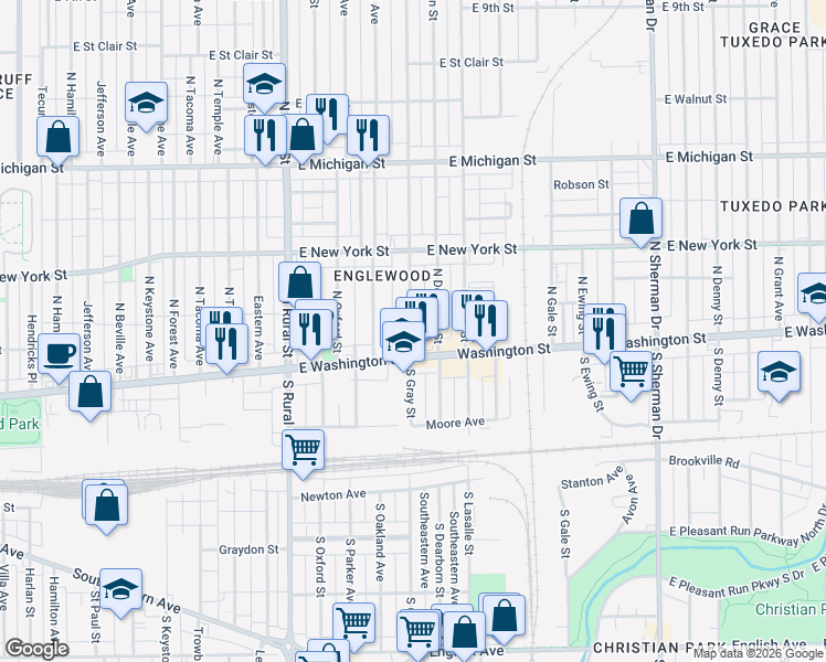 map of restaurants, bars, coffee shops, grocery stores, and more near 22 North Gray Street in Indianapolis