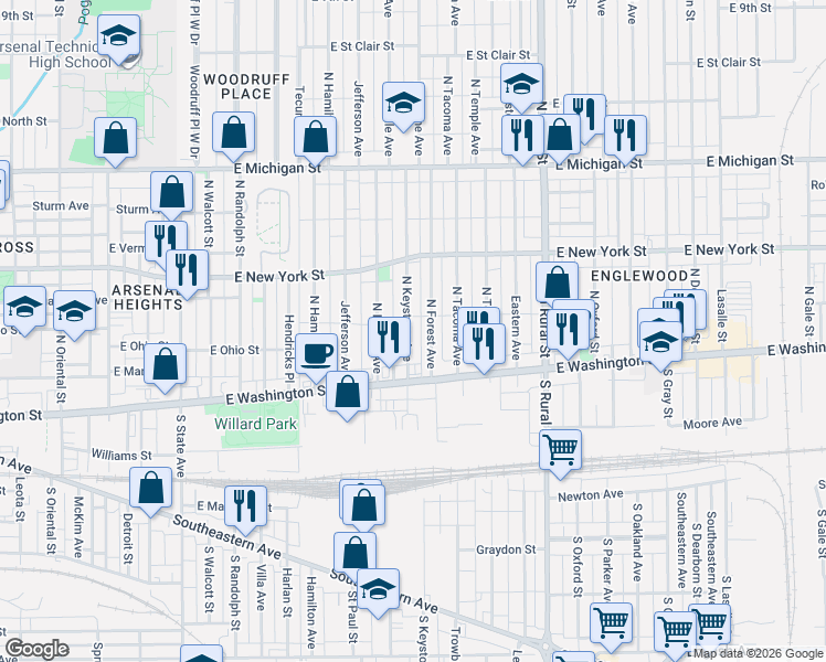 map of restaurants, bars, coffee shops, grocery stores, and more near 52 North Forest Avenue in Indianapolis