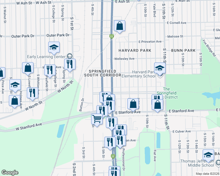 map of restaurants, bars, coffee shops, grocery stores, and more near 2501-2599 South 6th Street in Springfield