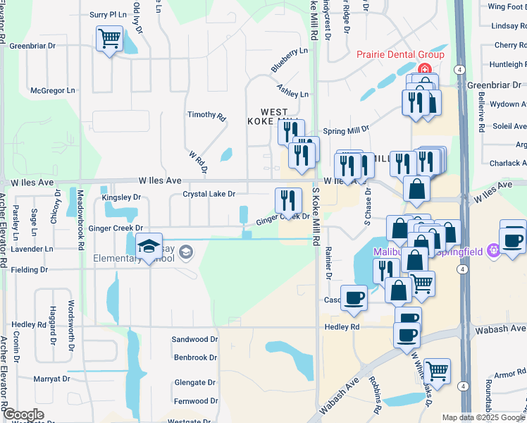 map of restaurants, bars, coffee shops, grocery stores, and more near 3401-3403 Ginger Creek Dr in Springfield