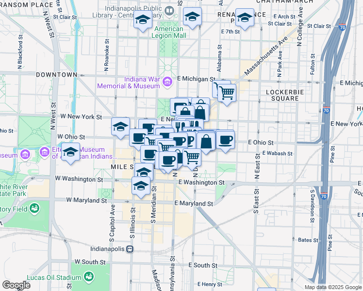map of restaurants, bars, coffee shops, grocery stores, and more near 135 North Pennsylvania Street in Indianapolis