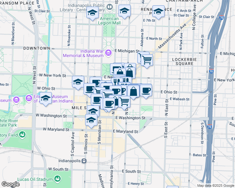 map of restaurants, bars, coffee shops, grocery stores, and more near 135 North Pennsylvania Street in Indianapolis