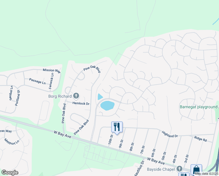 map of restaurants, bars, coffee shops, grocery stores, and more near 1 Forest Lake Court in Barnegat Township