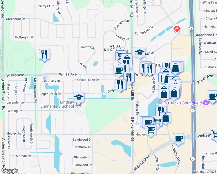 map of restaurants, bars, coffee shops, grocery stores, and more near 3319 Ginger Creek Drive in Springfield