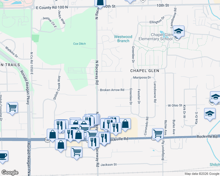 map of restaurants, bars, coffee shops, grocery stores, and more near 9106 Broken Arrow Road in Indianapolis