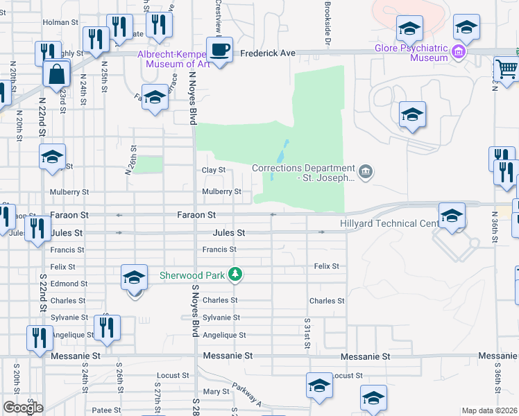 map of restaurants, bars, coffee shops, grocery stores, and more near 2925 Faraon Street in Saint Joseph