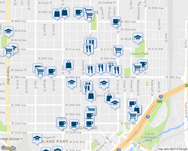 map of restaurants, bars, coffee shops, grocery stores, and more near 1935 West 38th Avenue in Denver