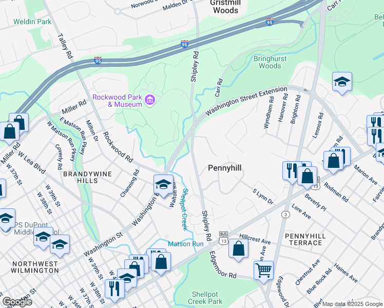 map of restaurants, bars, coffee shops, grocery stores, and more near Shipley Road in Wilmington