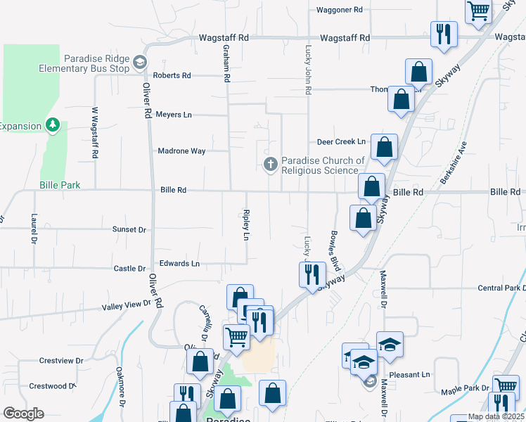 map of restaurants, bars, coffee shops, grocery stores, and more near 6169 Fern Lane in Paradise