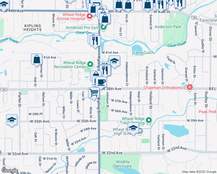 map of restaurants, bars, coffee shops, grocery stores, and more near 9835 County Road 180 in Wheat Ridge