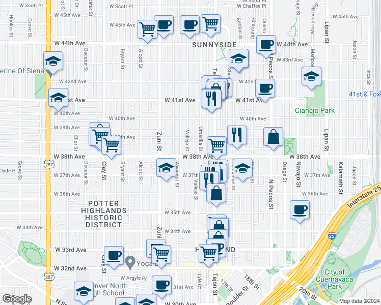 map of restaurants, bars, coffee shops, grocery stores, and more near 2195 West 38th Avenue in Denver