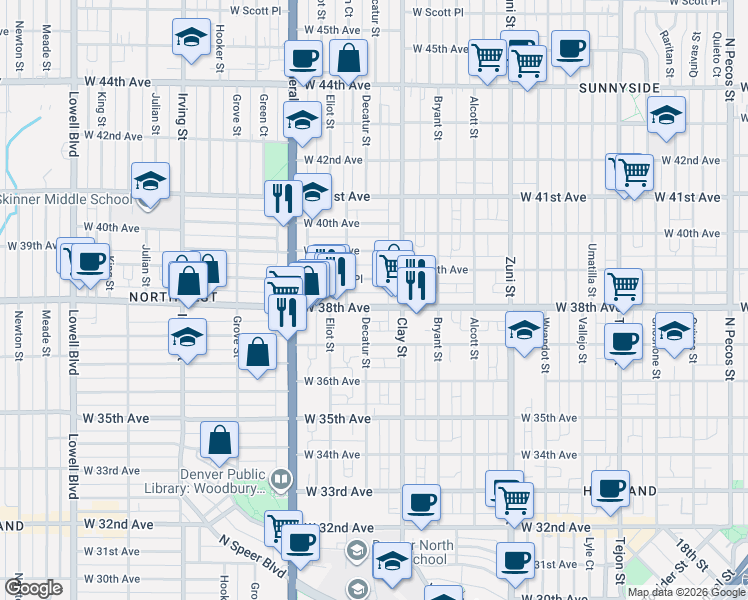 map of restaurants, bars, coffee shops, grocery stores, and more near 2775 West 38th Avenue in Denver