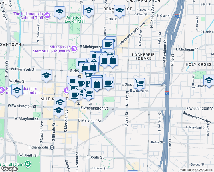 map of restaurants, bars, coffee shops, grocery stores, and more near 151n North Alabama Street in Indianapolis