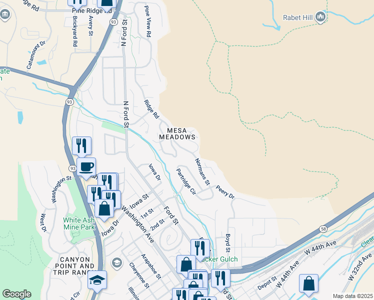 map of restaurants, bars, coffee shops, grocery stores, and more near 544 Ridge Road in Golden