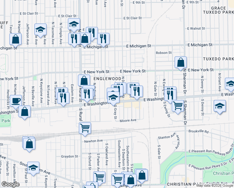 map of restaurants, bars, coffee shops, grocery stores, and more near 22 North Gray Street in Indianapolis