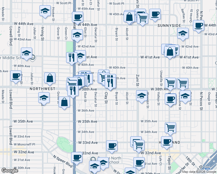 map of restaurants, bars, coffee shops, grocery stores, and more near 2649 West 38th Avenue in Denver
