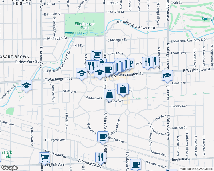 map of restaurants, bars, coffee shops, grocery stores, and more near 43 South Ritter Avenue in Indianapolis