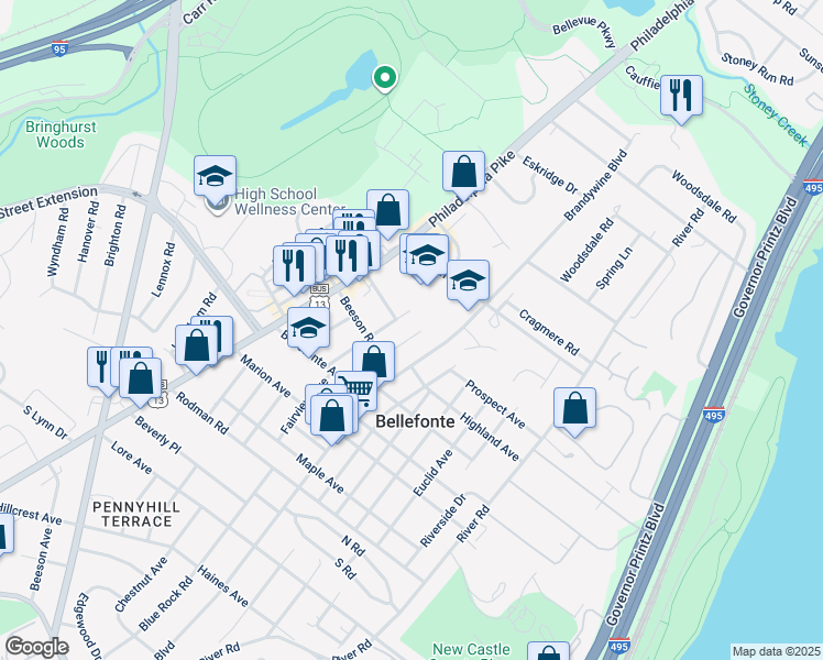 map of restaurants, bars, coffee shops, grocery stores, and more near 1213 Talley Road in Wilmington