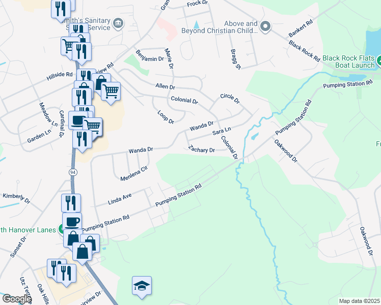 map of restaurants, bars, coffee shops, grocery stores, and more near 55 Zachary Drive in Hanover