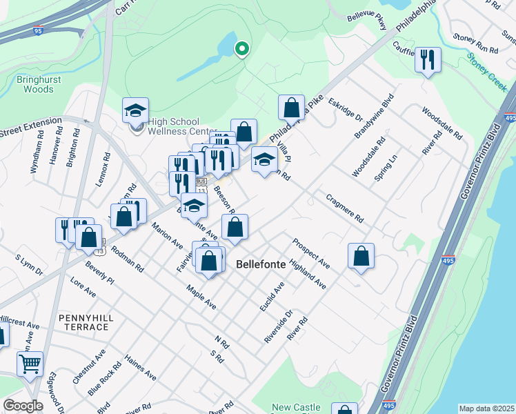map of restaurants, bars, coffee shops, grocery stores, and more near 1213 Talley Road in Wilmington