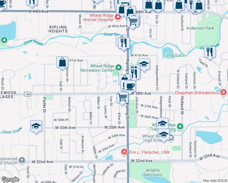 map of restaurants, bars, coffee shops, grocery stores, and more near in Wheat Ridge