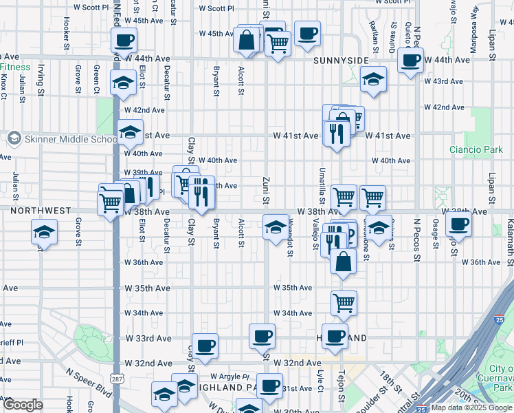 map of restaurants, bars, coffee shops, grocery stores, and more near 2421 West 38th Avenue in Denver