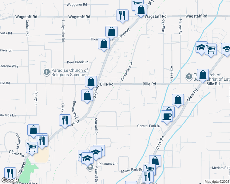 map of restaurants, bars, coffee shops, grocery stores, and more near 6169 Berkshire Way in Paradise