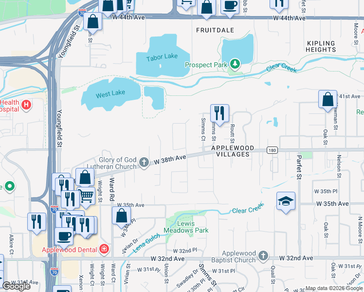 map of restaurants, bars, coffee shops, grocery stores, and more near 3821 Tabor Court in Wheat Ridge