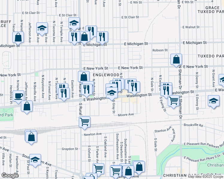 map of restaurants, bars, coffee shops, grocery stores, and more near 22 North Gray Street in Indianapolis