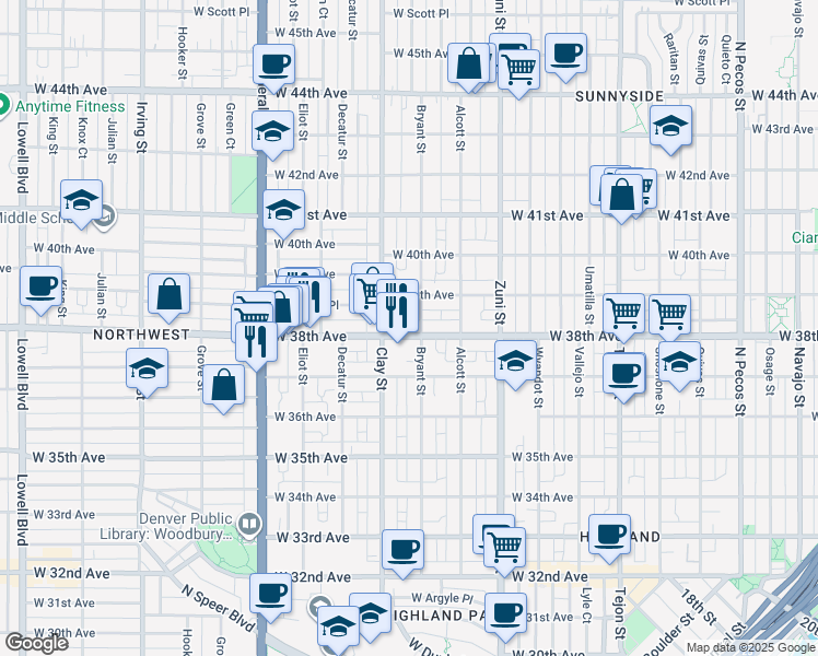 map of restaurants, bars, coffee shops, grocery stores, and more near 2615 West 38th Avenue in Denver