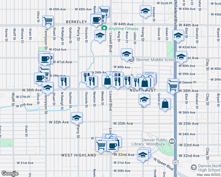 map of restaurants, bars, coffee shops, grocery stores, and more near W 38th Ave & Lowell Blvd in Denver