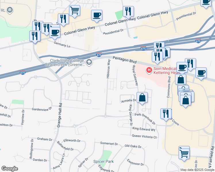 map of restaurants, bars, coffee shops, grocery stores, and more near Hibiscus Way in Beavercreek