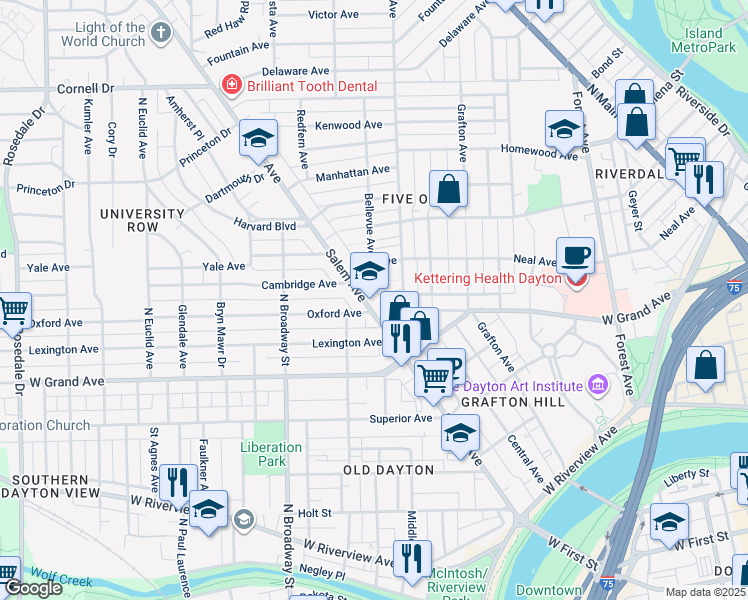 map of restaurants, bars, coffee shops, grocery stores, and more near 627 Salem Avenue in Dayton