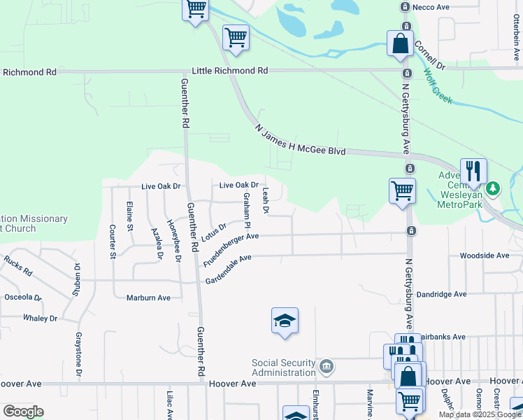 map of restaurants, bars, coffee shops, grocery stores, and more near 1566 Leah Drive in Dayton