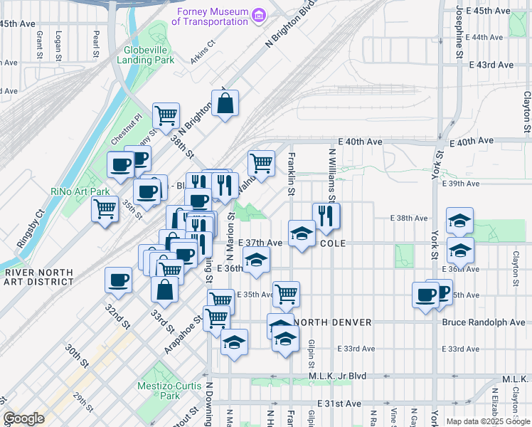 map of restaurants, bars, coffee shops, grocery stores, and more near 1215 38th Avenue in Denver