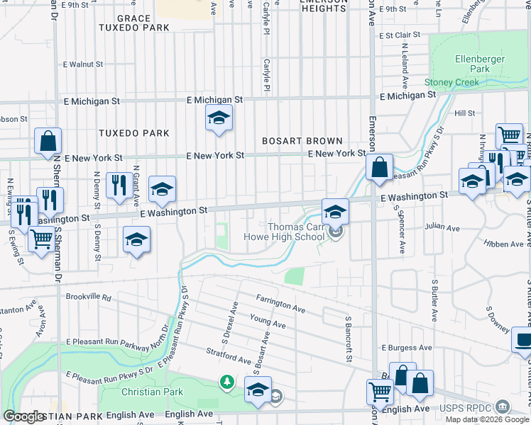 map of restaurants, bars, coffee shops, grocery stores, and more near 29 Bankers Lane in Indianapolis