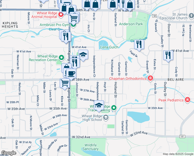 map of restaurants, bars, coffee shops, grocery stores, and more near 9605 West 38th Avenue in Wheat Ridge