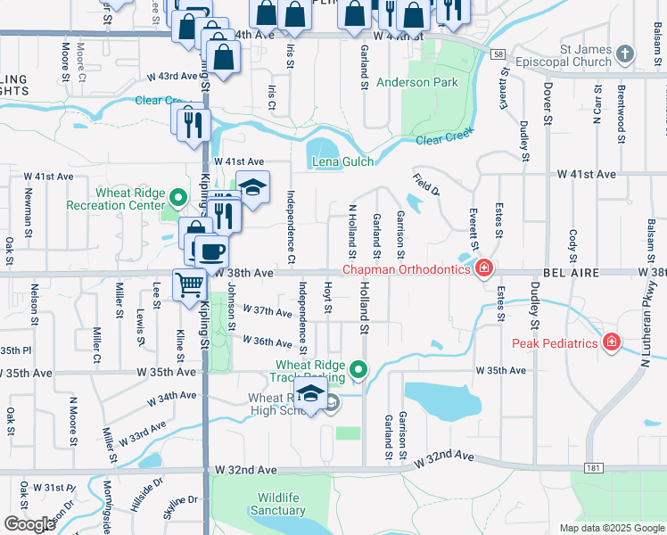 map of restaurants, bars, coffee shops, grocery stores, and more near 9485 West 38th Avenue in Wheat Ridge
